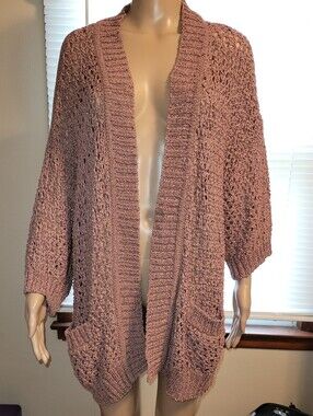 Relativity - Open-Front Mauve Pink Crochet Knit Cardigan Sweater.  Size 2X